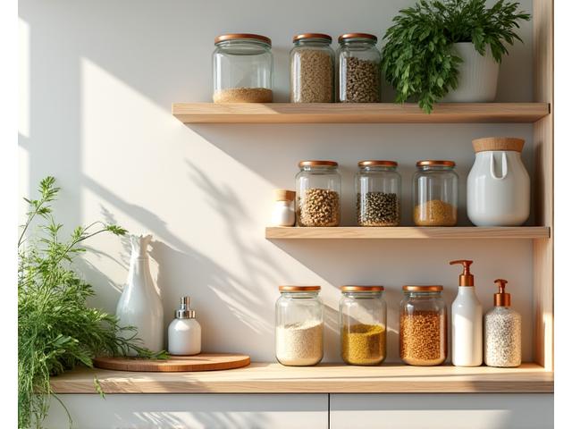 재사용 가능한 용기들과 친환경 제품들이 정돈된 주방 선반