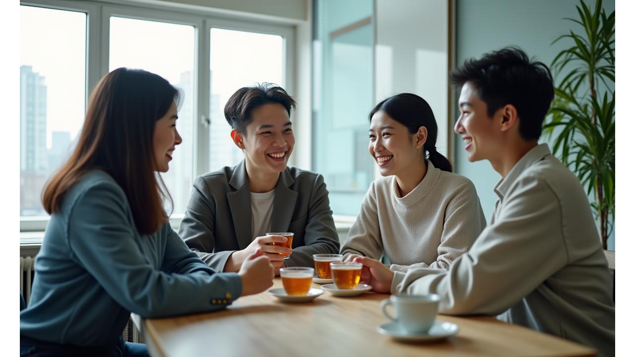 서울의 현대적인 공간에서 여러 사람이 모여 대화하고 웃는 모습